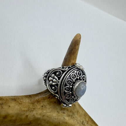 Vintage Silver Bronze Poison Ring | Retro Rainbow Moonstone | Unique Gift Statement Ring