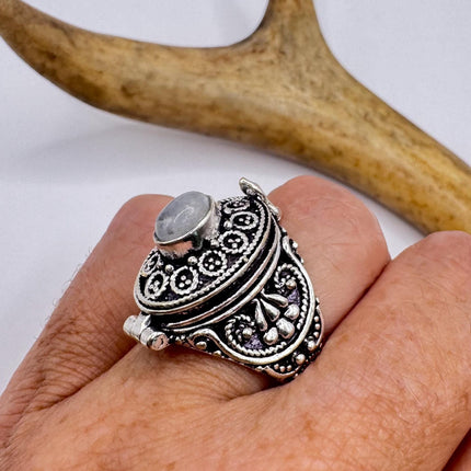Vintage Silver Bronze Poison Ring | Retro Rainbow Moonstone | Unique Gift Statement Ring