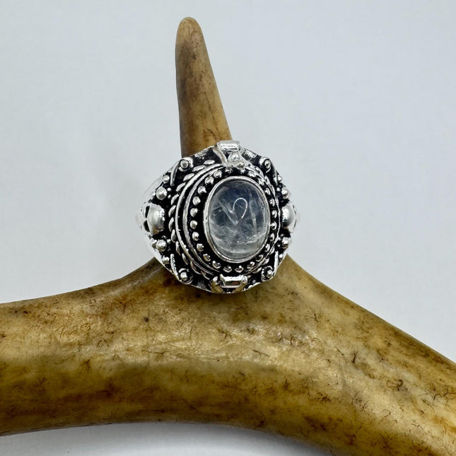 Vintage Silver Bronze Poison Skull Ring | Retro Rainbow Moonstone | Unique Gift Statement Ring
