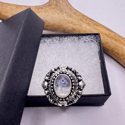 Vintage Silver Bronze Poison Skull Ring | Retro Rainbow Moonstone | Unique Gift Statement Ring