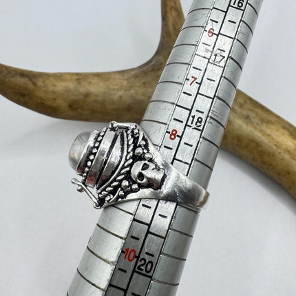 Vintage Silver Bronze Poison Skull Ring | Retro Rainbow Moonstone | Unique Gift Statement Ring