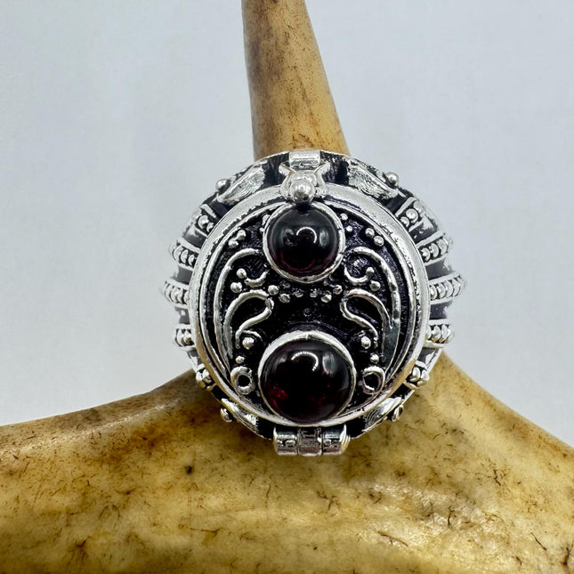 Vintage Silver Bronze Poison Skull Ring | Retro Red Bohemian Garnet| Unique Gift Statement Ring