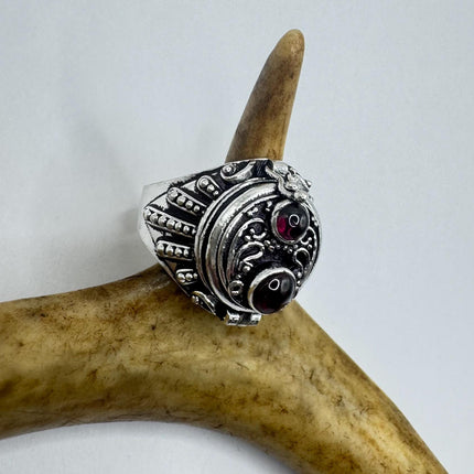 Vintage Silver Bronze Poison Skull Ring | Retro Red Bohemian Garnet| Unique Gift Statement Ring