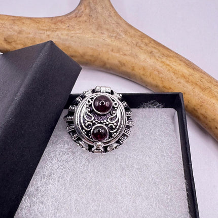 Vintage Silver Bronze Poison Skull Ring | Retro Red Bohemian Garnet| Unique Gift Statement Ring
