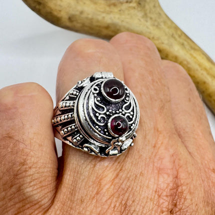 Vintage Silver Bronze Poison Skull Ring | Retro Red Bohemian Garnet| Unique Gift Statement Ring