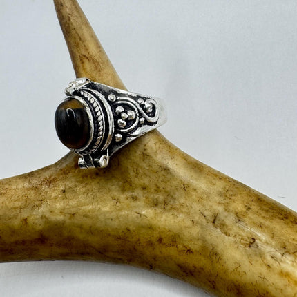Vintage Silver Bronze Poison Ring | Retro Tigers Eye Unique Gift Statement Ring