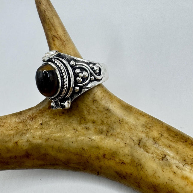 Vintage Silver Bronze Poison Ring | Retro Tigers Eye Unique Gift Statement Ring