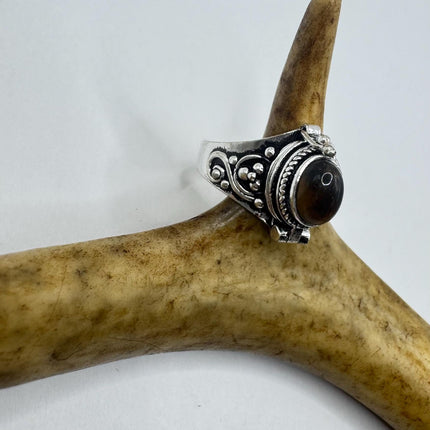 Vintage Silver Bronze Poison Ring | Retro Tigers Eye Unique Gift Statement Ring