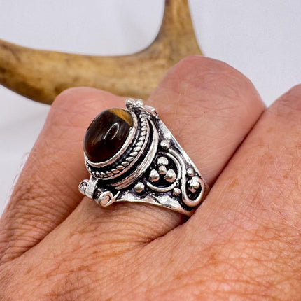 Vintage Silver Bronze Poison Ring | Retro Tigers Eye Unique Gift Statement Ring