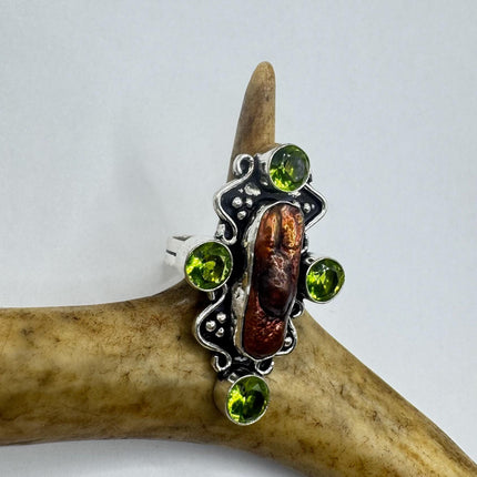 Vintage Brown Biwa Pearl Green Peridot Cocktail Ring Silver Bronze Setting