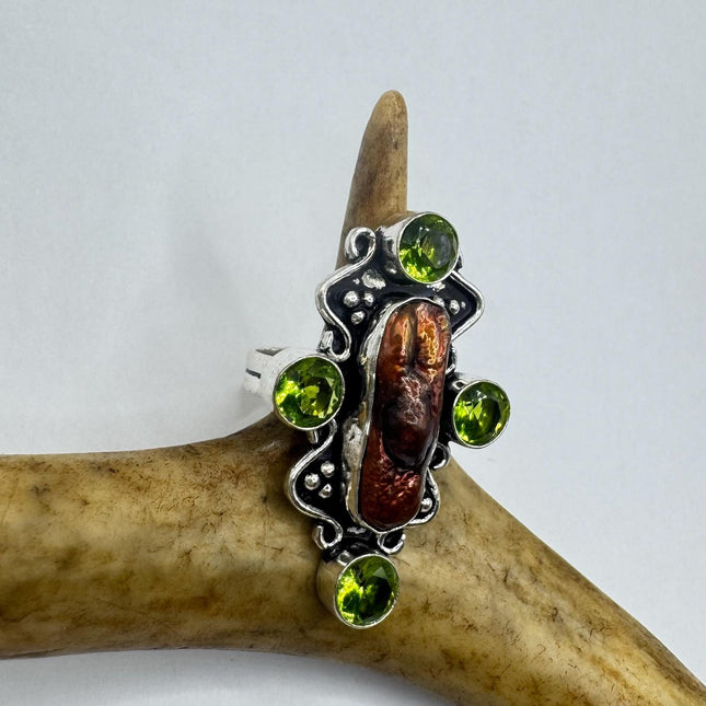 Vintage Brown Biwa Pearl Green Peridot Cocktail Ring Silver Bronze Setting