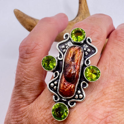 Vintage Brown Biwa Pearl Green Peridot Cocktail Ring Silver Bronze Setting