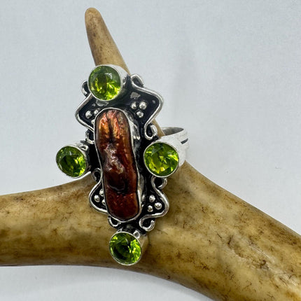 Vintage Brown Biwa Pearl Green Peridot Cocktail Ring Silver Bronze Setting