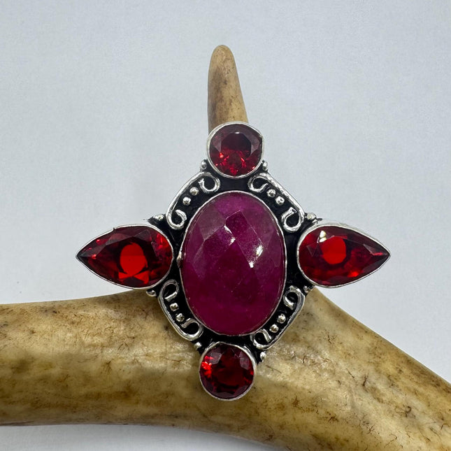 Vintage Silver Bronze Boho Ring | Raw Pink Ruby | Unique Gift Statement Ring