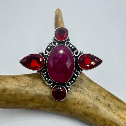 Vintage Silver Bronze Boho Ring | Raw Pink Ruby | Unique Gift Statement Ring