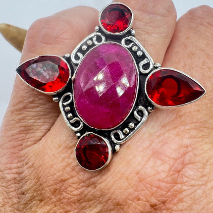 Vintage Silver Bronze Boho Ring | Raw Pink Ruby | Unique Gift Statement Ring