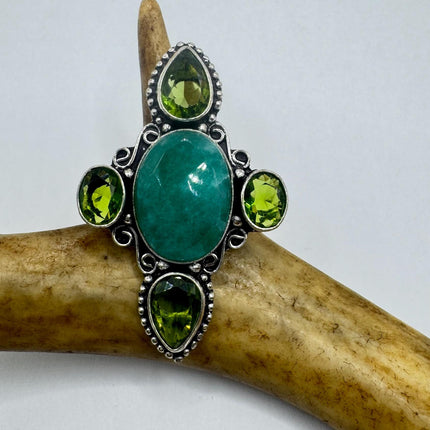 Vintage Silver Bronze | Green Raw Emerald | Unique Gift Statement Ring
