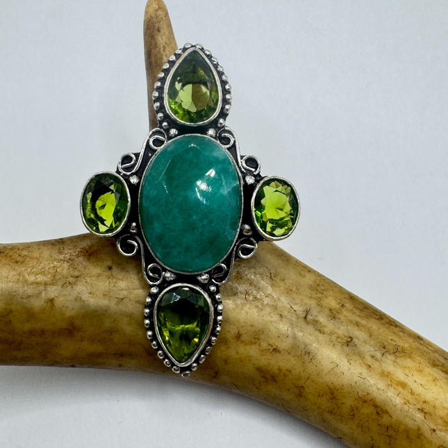 Vintage Silver Bronze | Green Raw Emerald | Unique Gift Statement Ring