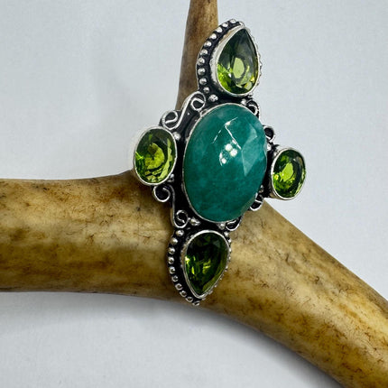 Vintage Silver Bronze | Green Raw Emerald | Unique Gift Statement Ring