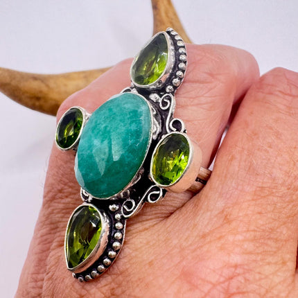 Vintage Silver Bronze | Green Raw Emerald | Unique Gift Statement Ring