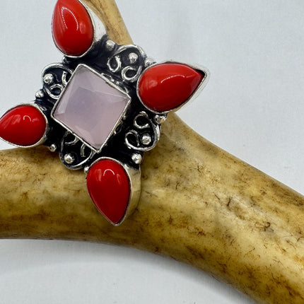 Vintage Silver Bronze Boho Ring | Rose Quartz | Unique Gift Statement Ring