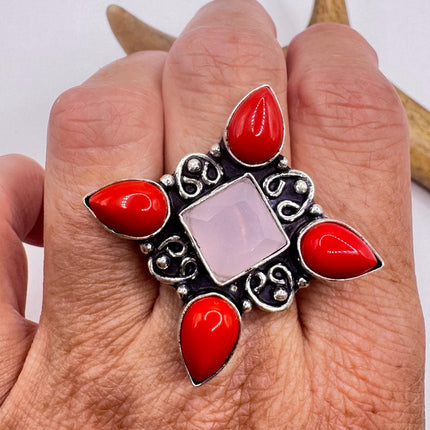 Vintage Silver Bronze Boho Ring | Rose Quartz | Unique Gift Statement Ring