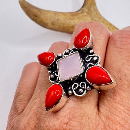 Vintage Silver Bronze Boho Ring | Rose Quartz | Unique Gift Statement Ring