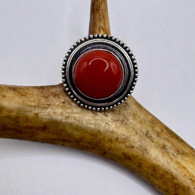 Vintage Red Coral Silver Bronze Boho Ring | Unique Gift Statement Ring