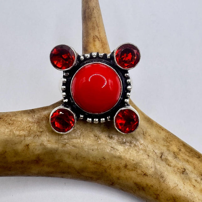 Vintage Red Coral Silver Bronze Boho Ring | Unique Gift Statement Ring