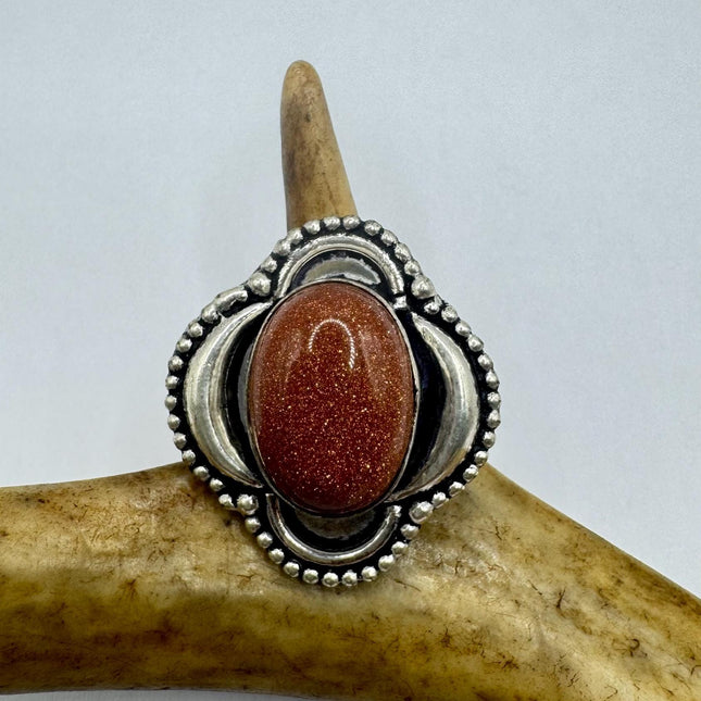 Vintage Gold Sandstone Goldstone Silver Bronze Boho Ring | Unique Gift Statement Ring