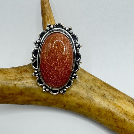 Vintage Gold Sandstone Goldstone Silver Bronze Boho Ring | Unique Gift Statement Ring