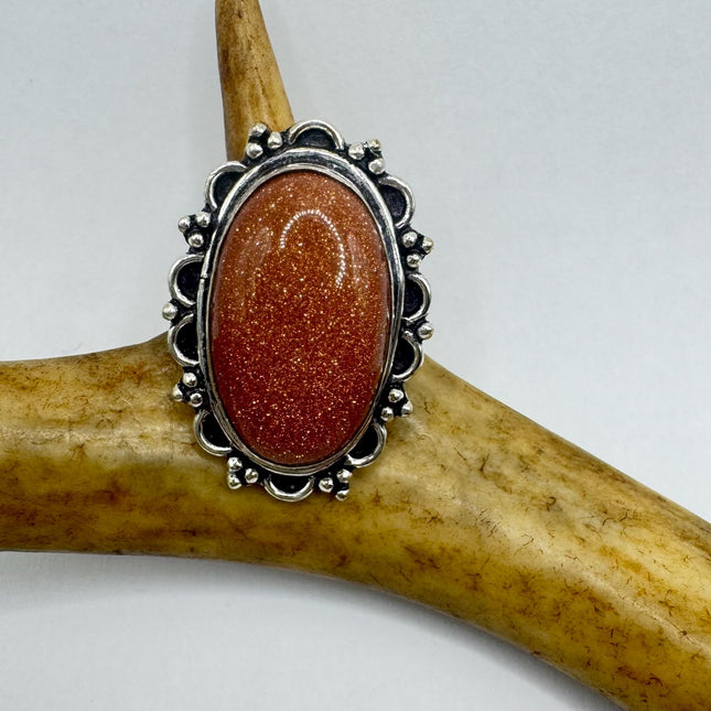 Vintage Gold Sandstone Goldstone Silver Bronze Boho Ring | Unique Gift Statement Ring