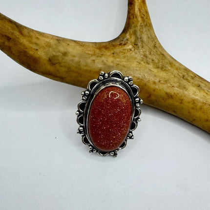 Vintage Gold Sandstone Goldstone Silver Bronze Boho Ring | Unique Gift Statement Ring