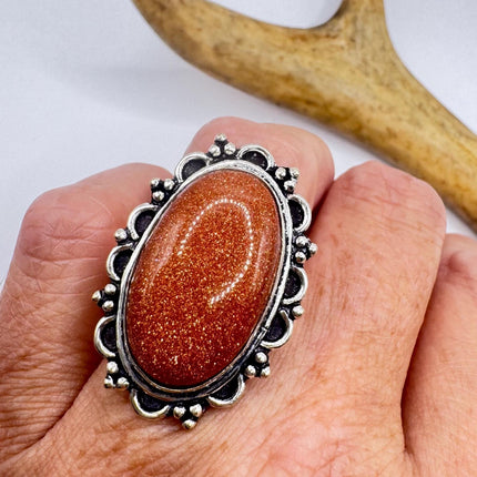 Vintage Gold Sandstone Goldstone Silver Bronze Boho Ring | Unique Gift Statement Ring
