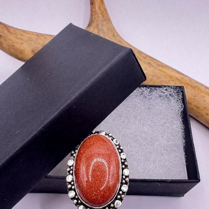 Vintage Gold Sandstone Goldstone Silver Bronze Boho Ring | Unique Gift Statement Ring