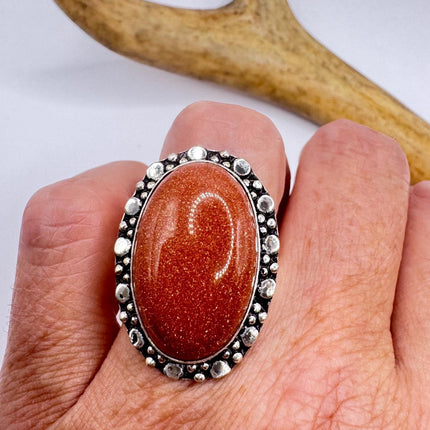 Vintage Gold Sandstone Goldstone Silver Bronze Boho Ring | Unique Gift Statement Ring