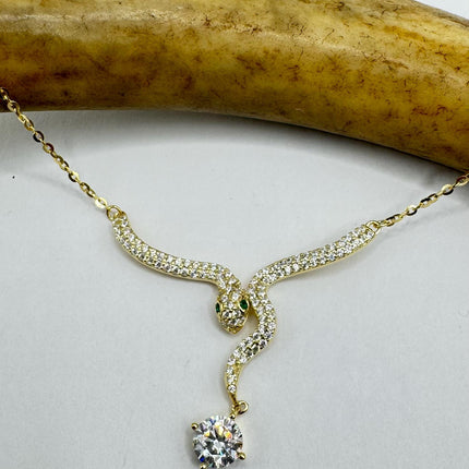 Vintage Tiny Gold Snake Pendant on Delicate Gold 925 Sterling Silver Necklace