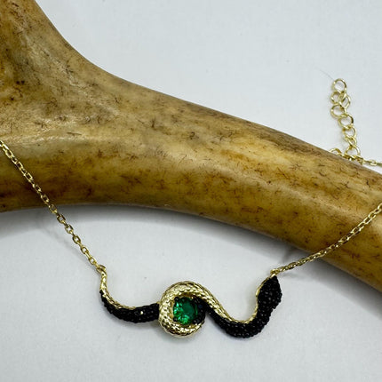 Vintage Tiny Gold Snake Pendant on Delicate Gold 925 Sterling Silver Black and Green Crystal Necklace
