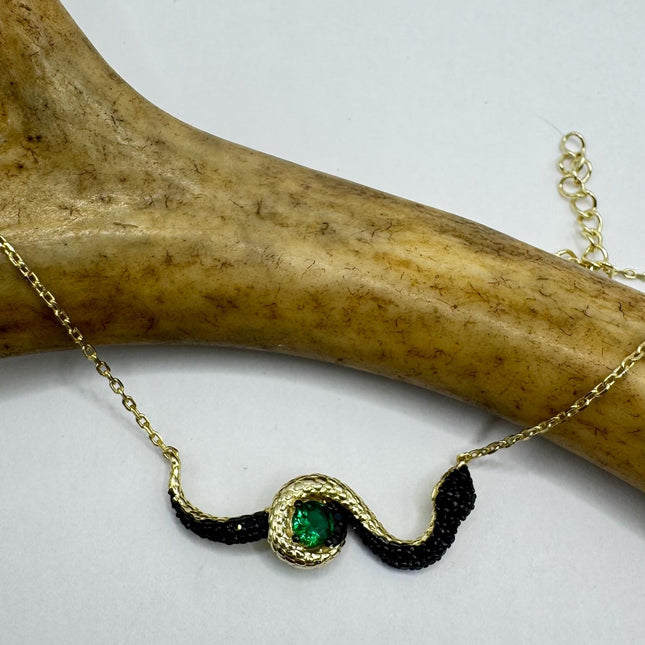 Vintage Tiny Gold Snake Pendant on Delicate Gold 925 Sterling Silver Black and Green Crystal Necklace