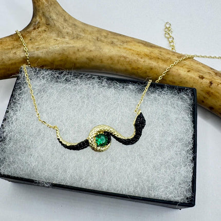Vintage Tiny Gold Snake Pendant on Delicate Gold 925 Sterling Silver Black and Green Crystal Necklace