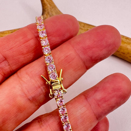 Vintage Golden Tennis Bracelet | Baguette Cut Pink Ice Cubic Zirconia Crystal Diamond | 925 Golden Sterling Silver Stackable Everyday