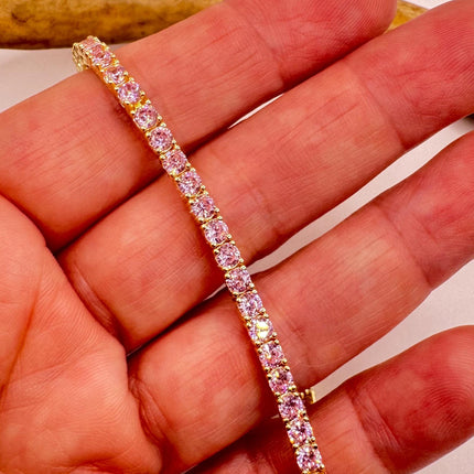 Vintage Golden Tennis Bracelet | Baguette Cut Pink Ice Cubic Zirconia Crystal Diamond | 925 Golden Sterling Silver Stackable Everyday