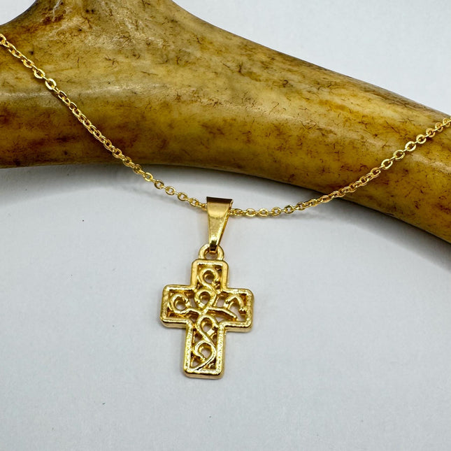 Vintage 9k Gold Filled Tiny Cross Necklace on Etched Gold Filled Chain - Small Crucifix Pendant for Layering and Stacking