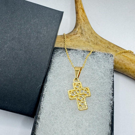 Vintage 9k Gold Filled Tiny Cross Necklace on Etched Gold Filled Chain - Small Crucifix Pendant for Layering and Stacking