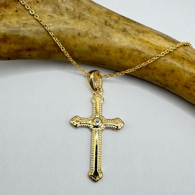 Vintage 9k Gold Filled Cross Necklace on Etched Gold Filled Chain - Small Crucifix Pendant for Layering and Stacking