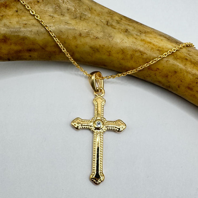 Vintage 9k Gold Filled Cross Necklace on Etched Gold Filled Chain - Small Crucifix Pendant for Layering and Stacking
