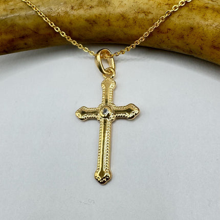 Vintage 9k Gold Filled Cross Necklace on Etched Gold Filled Chain - Small Crucifix Pendant for Layering and Stacking