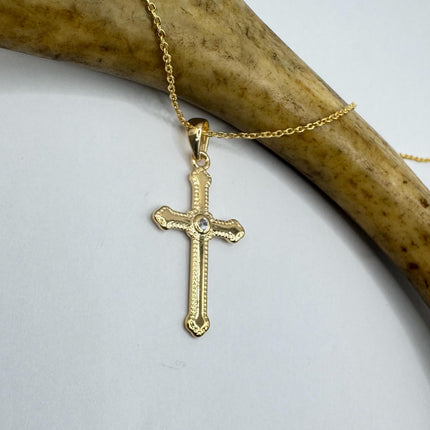 Vintage 9k Gold Filled Cross Necklace on Etched Gold Filled Chain - Small Crucifix Pendant for Layering and Stacking
