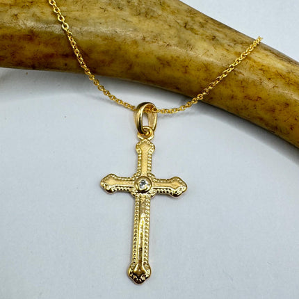 Vintage 9k Gold Filled Cross Necklace on Etched Gold Filled Chain - Small Crucifix Pendant for Layering and Stacking