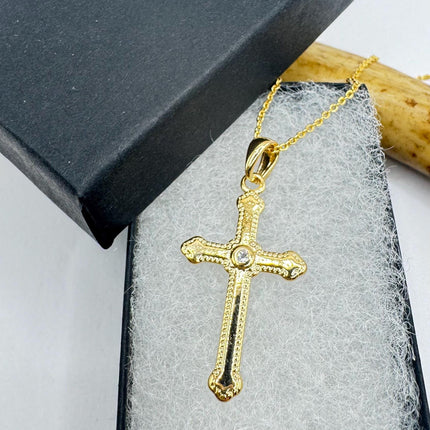 Vintage 9k Gold Filled Cross Necklace on Etched Gold Filled Chain - Small Crucifix Pendant for Layering and Stacking